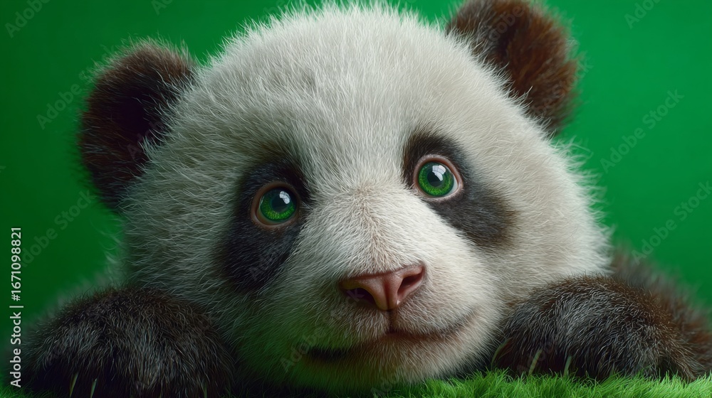 Obraz premium Adorable Panda: A close-up portrait of an endearing giant panda, showcasing its distinctive black and white fur, innocent gaze, and the serene green background.