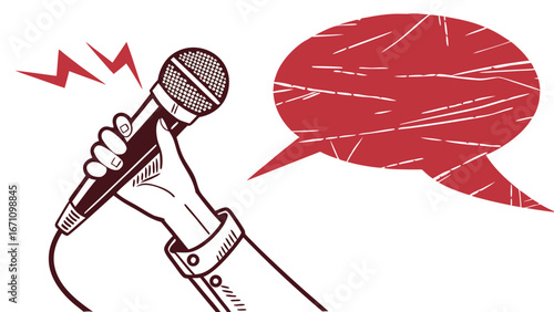 Hand Holding Microphone with Speech Bubble Announcement Podcast Radio Interview Illustration Vintage Style Graphic Design.