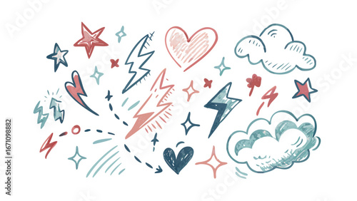 Retro doodle elements stars hearts lightning clouds