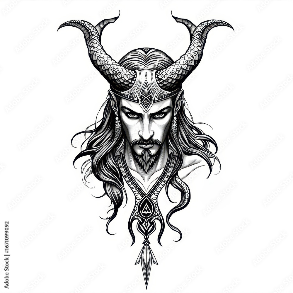 Fototapeta premium Bold Black Line Art Tattoo Design Featuring Serpent Motifs of Loki