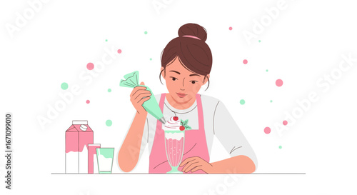 Crafting Delectable Dessert: A Woman Decorates a Creamy Beverage with Precision