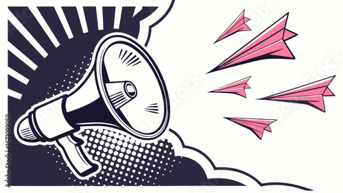 Retro Megaphone and Paper Airplanes Announcement Marketing Pop Art Illustration.