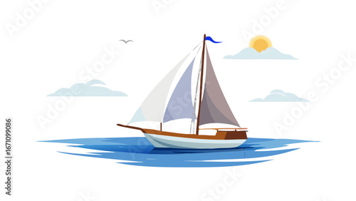 Sailboat sailing on blue water with sun and clouds