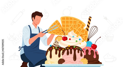 Creative Chef Crafting A Delectable Dessert Combining Waffles, Ice Cream, And Garnishes