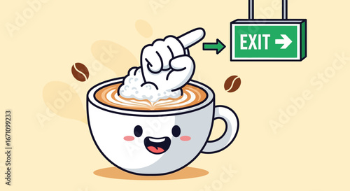 Creative Coffee Exit: A Whimsical Illustration With Smiling Cup and Coffee Beans