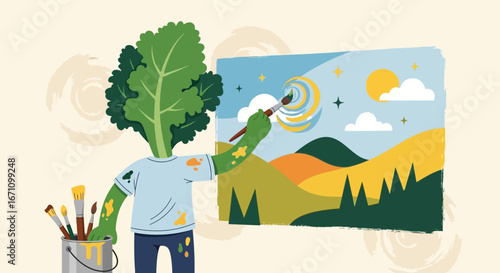 Creative Expression Of A Plant-Headed Artist Crafting A Unique And Colorful Landscape