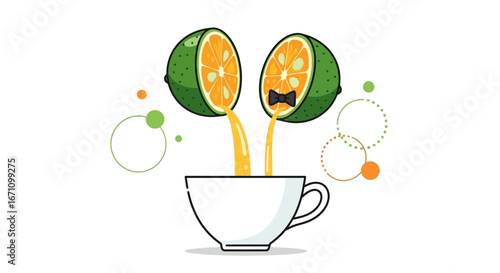 Creative Illustration: Fresh Citrus Juices flowing into minimalist teacup design that is a