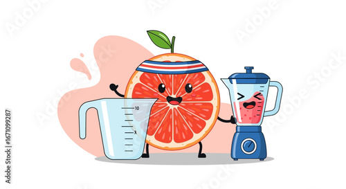 Creative Grapefruit Juice Preparation with a Cute Character and Kitchen Appliances