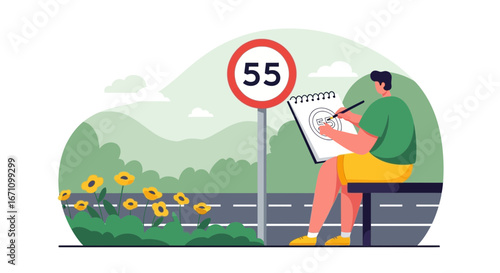 Creative Individual Sketching Road Sign Amidst Scenic Nature And Blooming Wildflowers Display