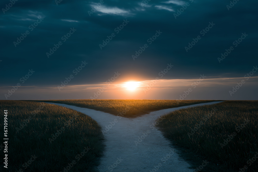 Fototapeta premium A forked dirt path through grassy fields under a dramatic cloudy sky, illuminated by a bright, low sun near the horizon at dusk or dawn