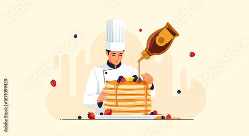 Chef Adorning Fresh Pancakes With Syrup And Berries For A Delightful Breakfast Experience