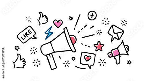 Social media marketing icons with hearts and lightning