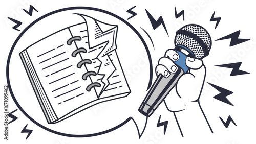 Microphone illustration with notebook speech performance presentation announcement public speaking communication broadcast audio voice recording podcast interview conference seminar lecture event sho.