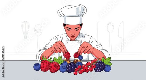 Chef Arranging Fresh Berries: A Culinary Artist's Delightful Fruit Presentation
