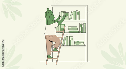 Cucumber Person Reaching For Books On A Shelf, Depicting Knowledge And Learning