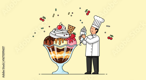 Culinary Delight: Ice Cream Sundae Creation with Chef, Adorable Sweet Dessert Presentation