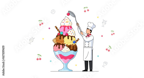 Chef Crafting a Towering Ice Cream Sundae with Colorful Sprinkles and Cherries