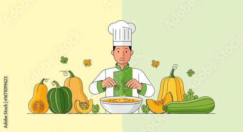 Culinary Creation: Chef Crafting Gourmet Soup Alongside Autumnal Harvest Vegetables