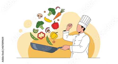 Chef Crafting Culinary Delights: A Vibrant Vector Illustration of Freshly Tossed Vegetables
