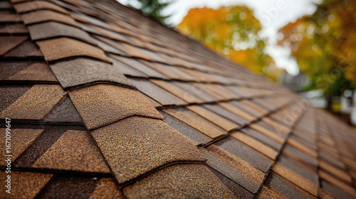 Close-up of brown asphalt roof shingles arranged in overlapping rows with autumn trees blurred in the background