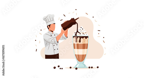 Chef Crafting Decadent Mocha Delight with Whipped Cream and Chocolate Drizzle Illustration