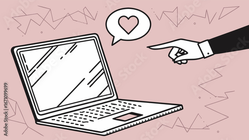 Laptop computer with hand pointing and heart speech bubble online love dating app digital romance illustration.