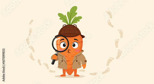 Curious Carrot Detective with Magnifying Glass Discovering Footprint Trails Delightfully