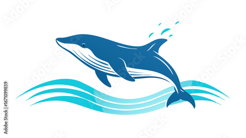 Stylized Blue Whale Leaping Through Waves ocean water