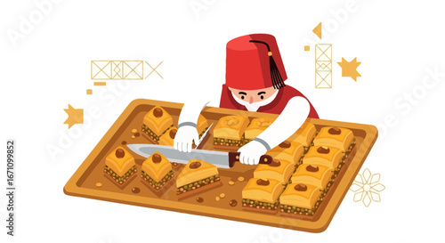 Chef Cuts Baklava, Traditional Dessert, Culinary Delight, Served on Wooden Platter