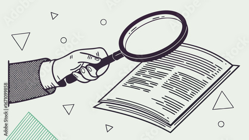 Hand holding magnifying glass over open book research investigation reading study knowledge discovery detail analysis inspection examination document text information learning education literature cl.