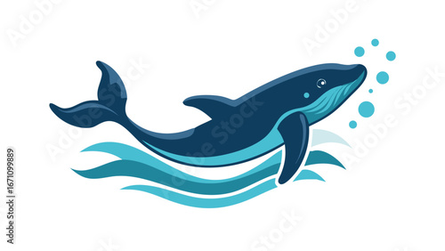 Stylized blue whale swimming through turquoise waves