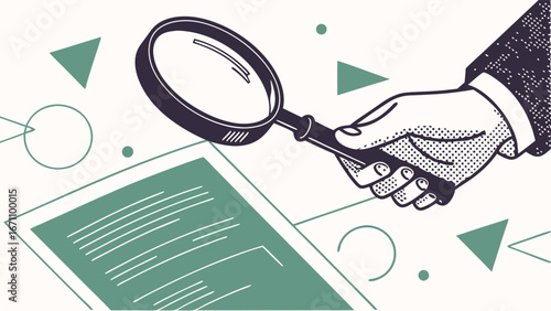Hand Holding Magnifying Glass Examining Document Abstract Geometric Background Vector Illustration.