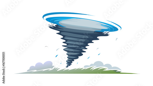 Stylized Tornado Swirling Over Green Landscape storm