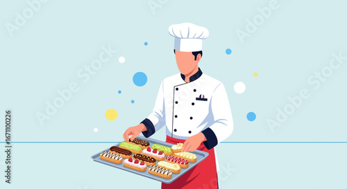 Chef Displaying Delicious Variety of Gourmet Pastries Against Gentle Background