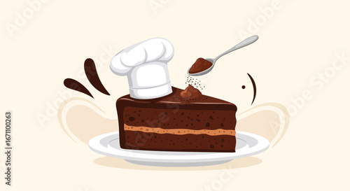 Chef Dressed Chocolate Cake Getting Sprinkled With Cocoa Powder, On White Plate