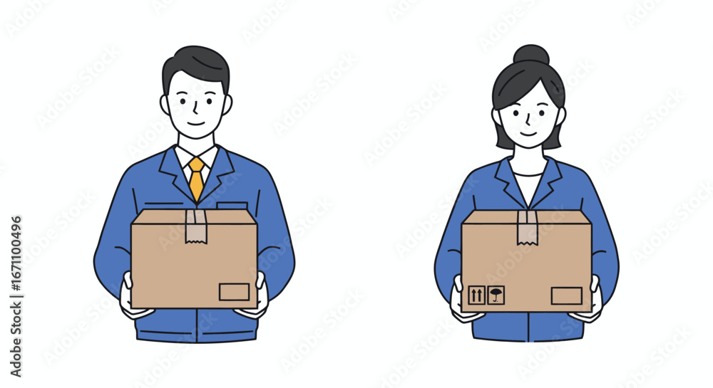 Obraz premium Two people, a man and a woman in work uniforms, holding cardboard boxes, symbolizing delivery and logistics in a simple vector illustration.