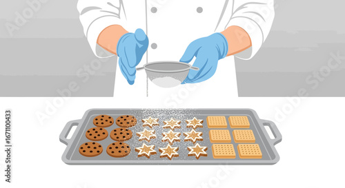 Chef Garnishing Assorted Cookies with Powdered Sugar for Culinary Baking Delights