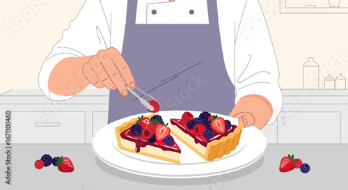 Chef Garnishing Exquisite Berry Tart Slices Ready for Dessert Presentation Elegantly