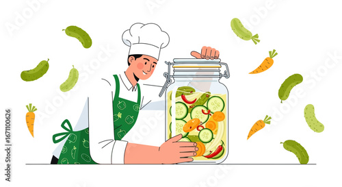 Chef Inspecting Jarred Pickles and Vegetables with a Delightful Culinary Composition