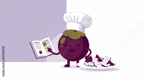 Chef Mangosteen Reading Recipe Book While Presenting A Tasty Food, Illustration Style