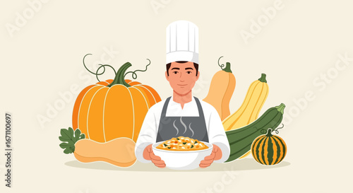 Chef Offering Vegetable Dish Surrounded by Pumpkin and Various Gourds in A Light Theme