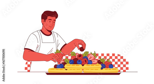 Chef Ornamenting Waffles With Fresh Berries for Presentation, Illustrative Vector Cartoon