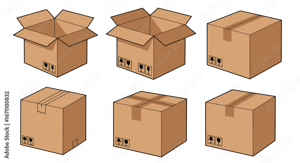 Fototapeta premium A vector illustration showcasing a collection of various cardboard boxes, perfect for packaging, shipping, and storage, presented on a clean white background, ready for your design needs.