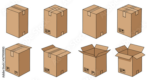 A collection of eight hand-drawn cardboard boxes in various states of assembly, perfect for shipping and packaging design elements.