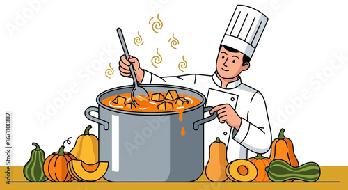 Chef Prepares Delicious Pumpkin Soup in a Large Pot for Autumn Celebrations