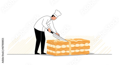 Chef Prepares Exquisite Dessert, Carefully Slicing Delicate Layered Pastry for Culinary Delight