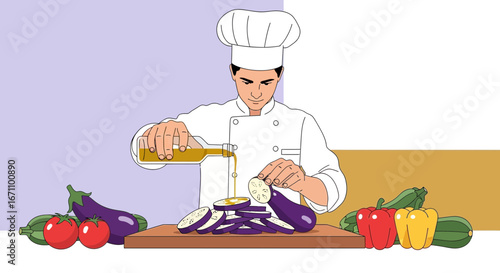Chef Prepares Fresh Vegetables with Olive Oil for a Culinary Delight