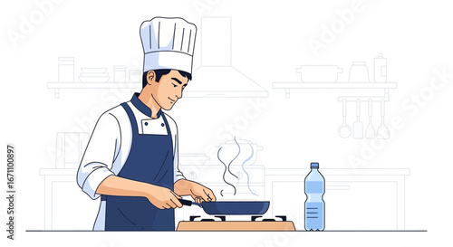 Chef Prepares Meal In Modern Kitchen, Cooking And Culinary Artistic Flat Graphic Design
