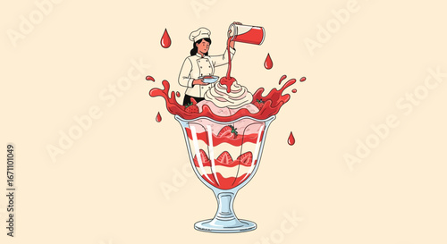 Chef Preparing A Luscious Strawberry Parfait, Whipped Cream and Vibrant Syrup Presentation