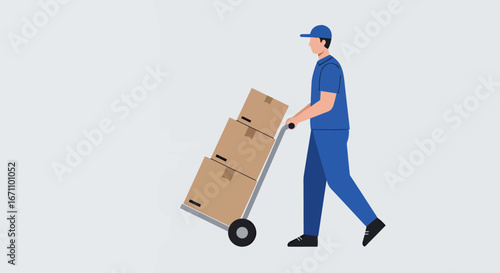 A delivery man in blue uniform transports cardboard boxes on a hand truck, set against a clean, minimalist background, perfect for logistics and shipping concepts.